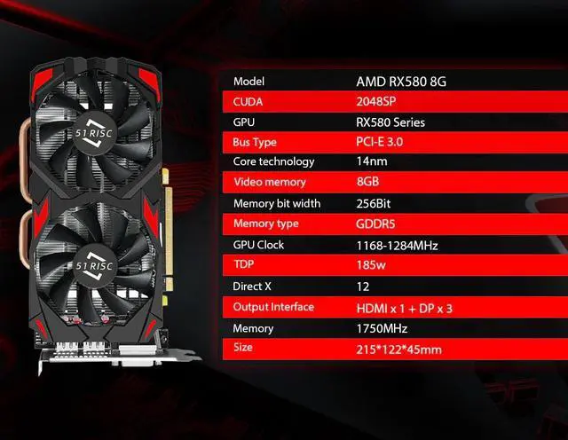 Alt view image 7 of 6 - 51Risc AMD Radeon RX 580 DirectX 12 RX580 8G 256-Bit GDDR5 PCI Express 3.0 x16 HDCP Gaming Video Card Mining GPU