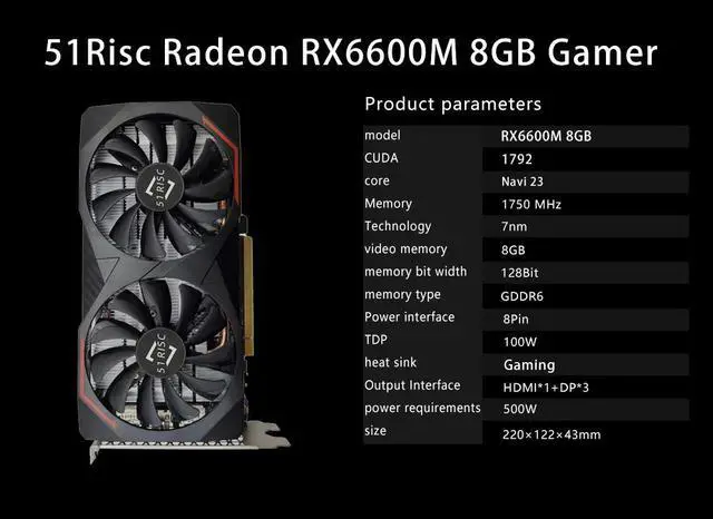 Alt view image 6 of 7 - 51RISC RX6600M 8GB Graphics Card GPU GDDR6 128-bit 14 Gbps 7nm video card Support Desktop CPU placa de video RX6600
