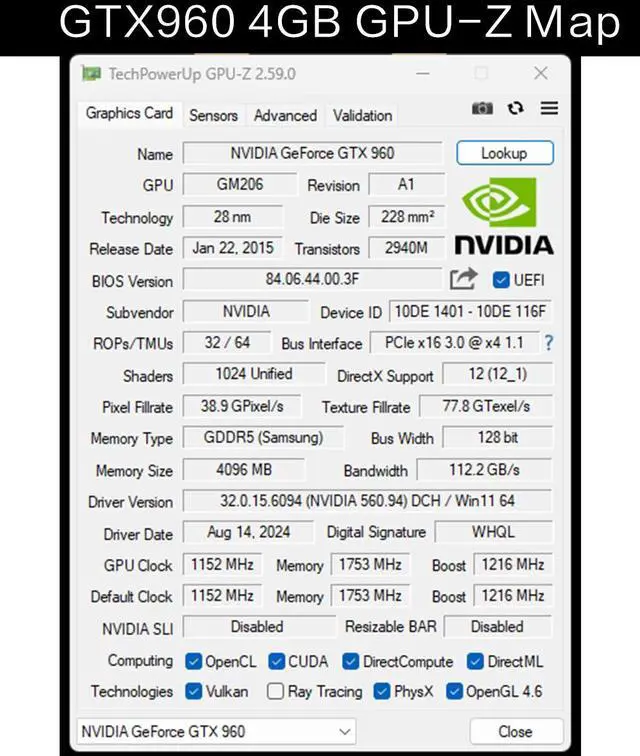 Alt view image 6 of 7 - 51RISC GTX960 4GB Graphics Card, GDDR5, 128 Bit, PCI Express 3.0, 1152MHz, 4096x2160, Gaming Video Card with ,  1 x HDMI ,3 x DP