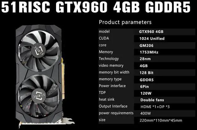 Alt view image 7 of 7 - 51RISC GTX960 4GB Graphics Card, GDDR5, 128 Bit, PCI Express 3.0, 1152MHz, 4096x2160, Gaming Video Card with ,  1 x HDMI ,3 x DP