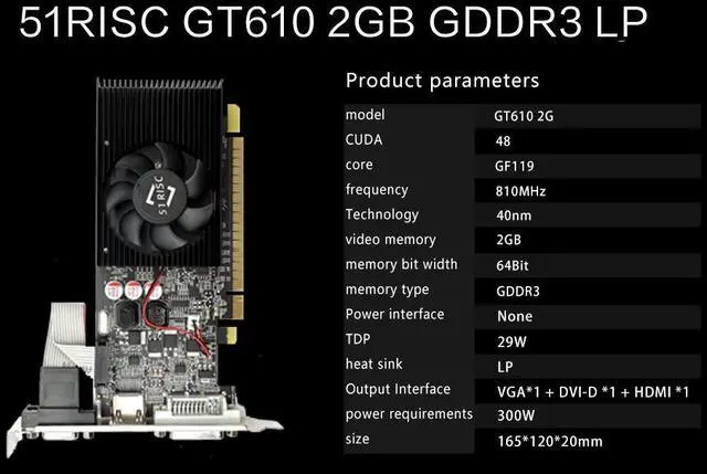 Alt view image 5 of 6 - 51RISC GT610 2GB Graphics Card, GT 610 2G DDR3 64bit, Desktop Graphics Card for Business Office, PCI E 1.1 x 16, DVI, VGA, HDMIs, PC Video Card, Single Fan