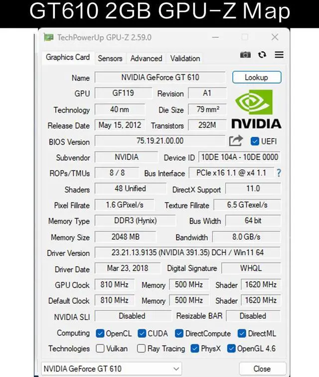 Alt view image 6 of 6 - 51RISC GT610 2GB Graphics Card, GT 610 2G DDR3 64bit, Desktop Graphics Card for Business Office, PCI E 1.1 x 16, DVI, VGA, HDMIs, PC Video Card, Single Fan
