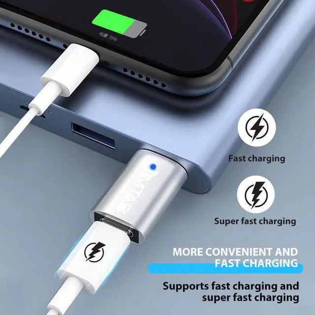 Alt view image 2 of 7 - USB to USB C Converters (Aluminum alloy 4 Pack), JIMTAB USB C to USB Chargers Adapter USB 3.0 With Blue Light Super High-Speed Data Transfer & Fast Charging for iPhone/PC/Samsung/iPad/Laptop/MacBook