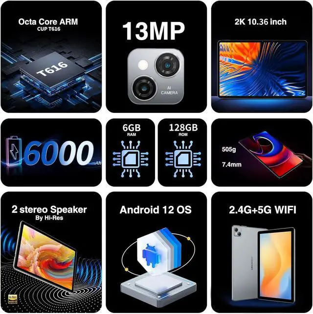 Alt view image 2 of 7 - JIMTAB 10.4 inch 2K Tablet, 6GB RAM 128GB ROM Powerful Octa Core CPU, 2000 * 1200 2K Screen Android 12 Tablet PC, 5+13MP Dual Camera, BT5.0, Dual Speakers Computer Tablet Google Certificated