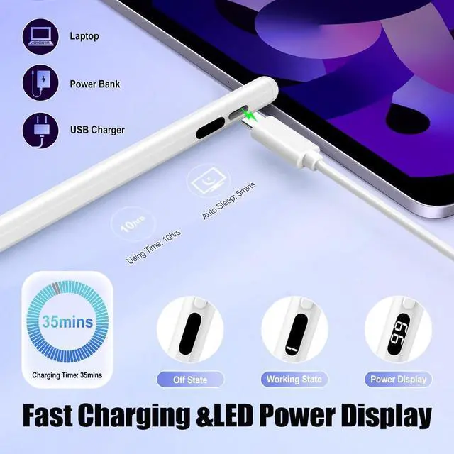 Alt view image 3 of 7 - JIMTAB iPad Pencil, iPad Pen, Stylus Pen for iPad, Fast Charge iPad Pencil with LED Power Display, Backup for Apple Pencil Pen, Wide compatible IOS ipad, iphone, mac, Android Cell phone and Tablet