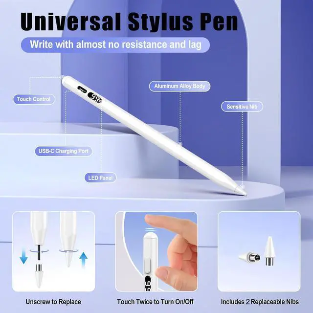 Alt view image 5 of 7 - JIMTAB iPad Pencil, iPad Pen, Stylus Pen for iPad, Fast Charge iPad Pencil with LED Power Display, Backup for Apple Pencil Pen, Wide compatible IOS ipad, iphone, mac, Android Cell phone and Tablet