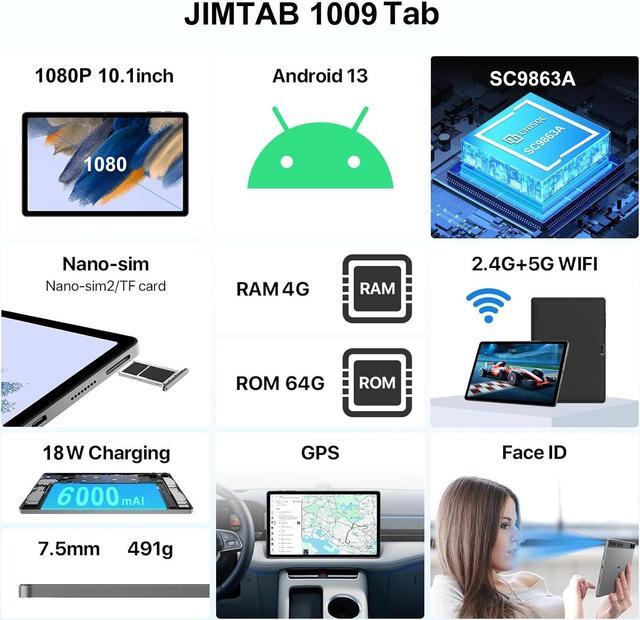 Alt view image 7 of 7 - JIMTAB 2024 Android Tablet Octa Core 10" 2 in 1 Android 13 Tablets, 4GB Ram 64GB Rom Gaming Tablet with USB Adapter, Keyboard, Stylus, Tempered Film, GPS, WiFi, Bluetooth, Google Certificated Tablet