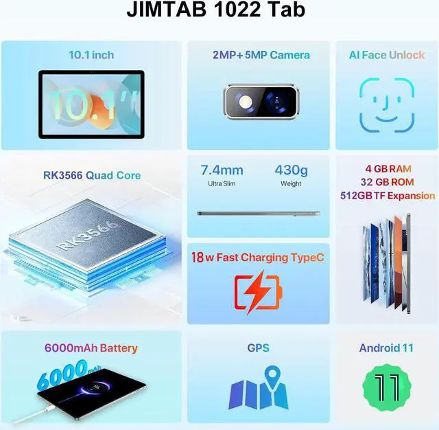 Alt view image 7 of 7 - JIMTAB 2024 Tablet Quad-Core 10.1 inch Android Tablet, 4GB+32GB ROM 512GB Expand, Include Type C Adapter, Keyboard, Dual Speaker, Dual Camera, WiFi, Bluetooth, Google Certificated Tablet