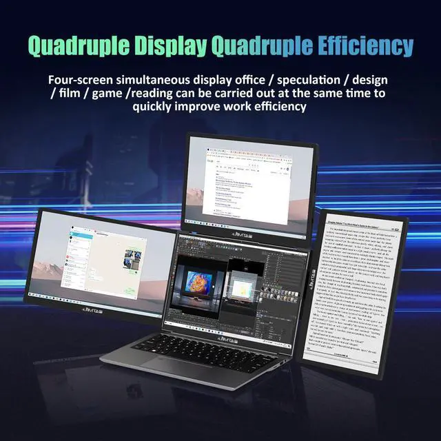 Alt view image 2 of 7 - Portable Monitor 13.3"  Triple Screen Extender with Build-in Stand, JIMTAB 1920 * 1200 IPS 16:10 Monitors,  Built-in Monitor Holder RJ45/ USB 3.0/Type-C Plug and Play Display for Laptop 13-16 Inch