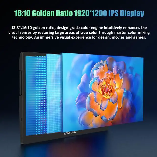 Alt view image 3 of 7 - Portable Monitor 13.3"  Triple Screen Extender with Build-in Stand, JIMTAB 1920 * 1200 IPS 16:10 Monitors,  Built-in Monitor Holder RJ45/ USB 3.0/Type-C Plug and Play Display for Laptop 13-16 Inch
