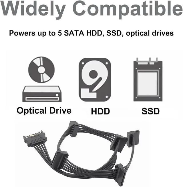 Alt view image 2 of 7 - JIMTAB SATA Power Splitter Cable 19.7 in (500 mm) - 15 Pin SATA 1 Male to 5 Female Power Splitter Adapter Cable Powers up to 5 HDD, SSD, Optical Drives