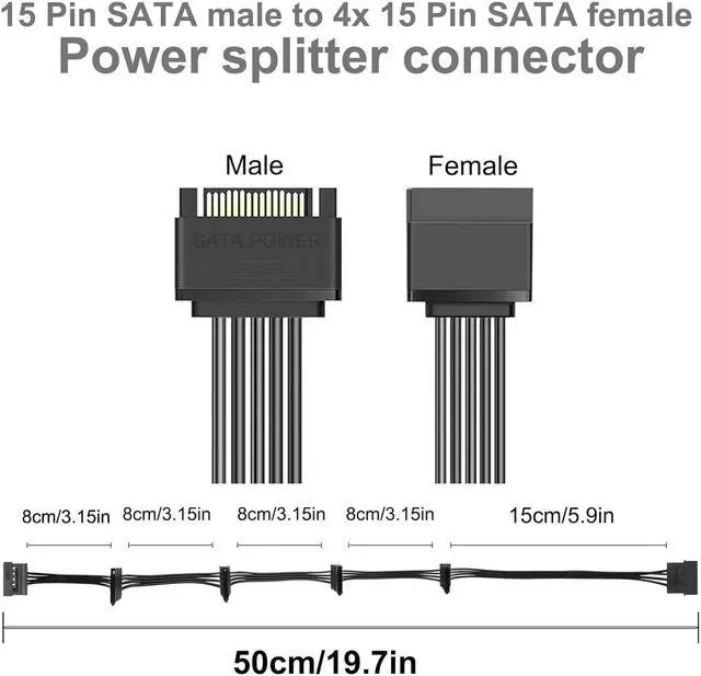 Alt view image 4 of 7 - JIMTAB SATA Power Splitter Cable 19.7 in (500 mm) - 15 Pin SATA 1 Male to 5 Female Power Splitter Adapter Cable Powers up to 5 HDD, SSD, Optical Drives