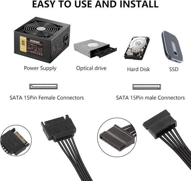 Alt view image 5 of 7 - JIMTAB SATA Power Splitter Cable 19.7 in (500 mm) - 15 Pin SATA 1 Male to 5 Female Power Splitter Adapter Cable Powers up to 5 HDD, SSD, Optical Drives