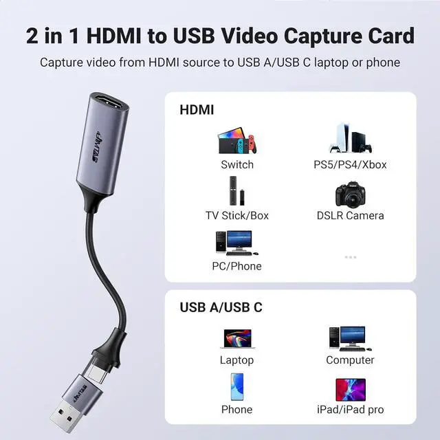 Alt view image 3 of 7 - JIMTAB USB 3.0 USB C to HDMI Video Capture Card, 4K HDMI to USB Capture Card Full HD 1080P USB 3.0 Capture Video and Audio Recording for Gaming, Streaming, Teaching, Video Conference