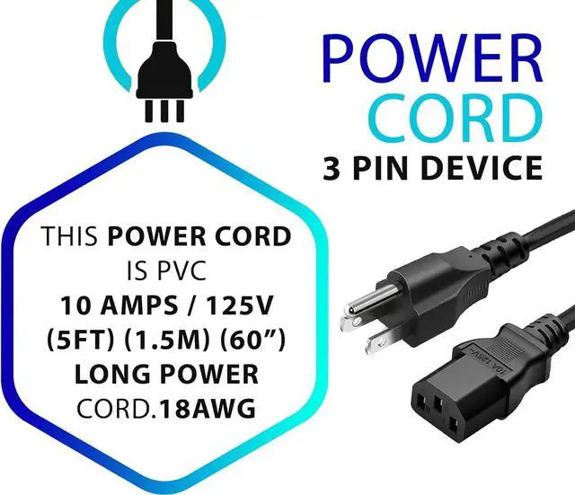 Alt view image 3 of 7 - JIMTAB Standard 5ft (1.5m) 10 Amps 125 Volts Black 3 Prong AC Power Cord Cable for Electronics, TV, Computer, Printer, Radio, Monitor, Samsung, Dell, Vizio, LG, Asus, Laptop and More