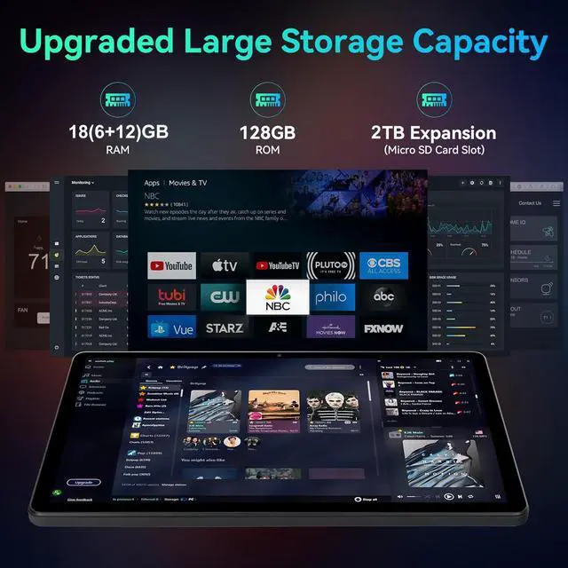 Alt view image 5 of 7 - JIMTAB 2K Vivid Tablet, Smooth HD 4K video 11" Android 14 Tablets, 18GB+128GB Octa Core Gaming Tablet, 13+5MP Camera, Large 9000mAh, Hi-Res Stereo 4 Speakers, Split Screen, Face Recognition