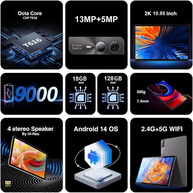 Alt view image 7 of 7 - JIMTAB 2K Vivid Tablet, Smooth HD 4K video 11" Android 14 Tablets, 18GB+128GB Octa Core Gaming Tablet, 13+5MP Camera, Large 9000mAh, Hi-Res Stereo 4 Speakers, Split Screen, Face Recognition