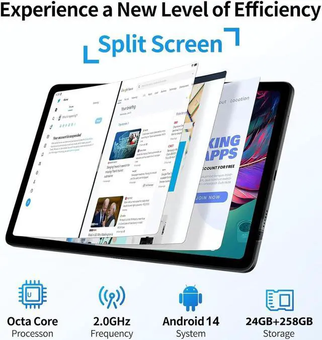 Alt view image 2 of 7 - JIMTAB 2024 UPgrade 2K Android 14 Tablets Octa Core 8 Threads High Performance 11 inch Android Tablet, 24GB RAM 256GB ROM 3 in 1 Business Game Teaching Tablet Include Keyboard, Stylus, USB C Adapter