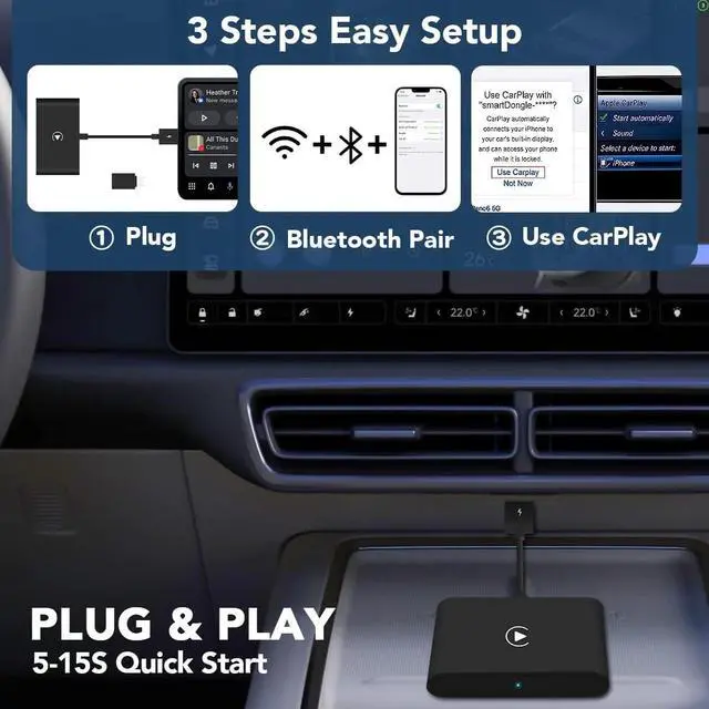 Alt view image 4 of 7 - 2024 Upgrade Wireless Carplay Adapter Usb Plug & Play Apple Carplay Wireless Adapter Black
