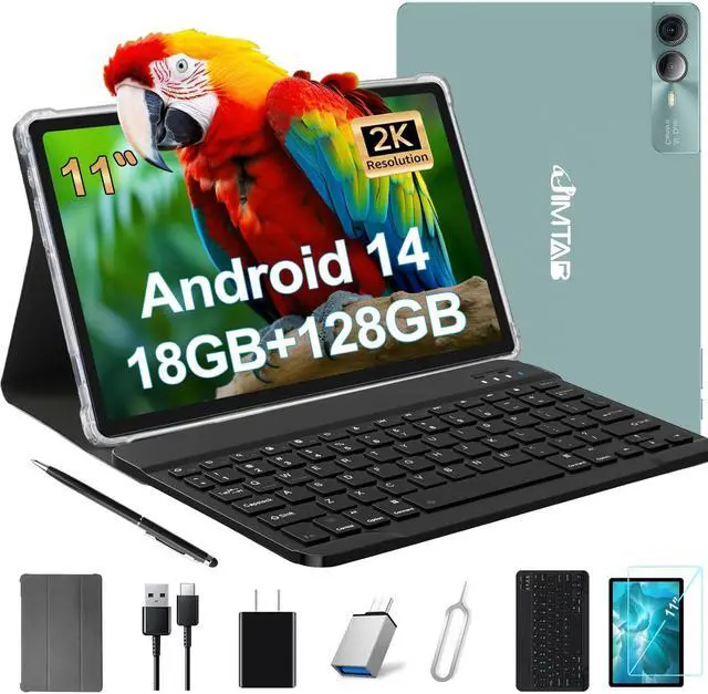 Main image of JIMTAB 2K Vivid Tablet, Smooth HD 4K video 11" Android 14 Tablets, 18GB+128GB Octa Core Gaming Tablet, 13+5MP Camera, Large 9000mAh, Hi-Res Stereo 4 Speakers, Split Screen, Face Recognition Green