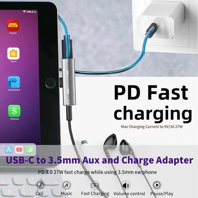 Alt view image 2 of 7 - USB C Headphone Adapter 2 in 1 USB C to 3.5mm Headphone Jack HiFi DAC with 27W Fast Charging Dongle Adapter Compatible for iPhone 15 15Pro 15promax  Galaxy S23 S22 S21 S20+ Note 20 Pixel 6/5