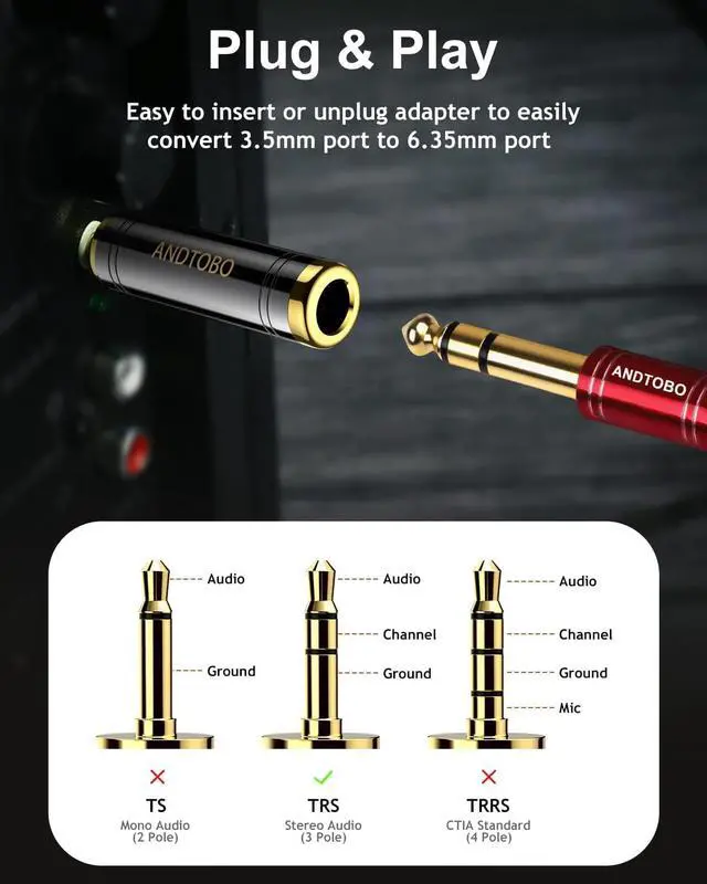 Alt view image 4 of 7 - 3.5mm Male to 1/4 Female Stereo Pure Copper Headphone Adapter 3.5mm(1/8) Plug Male to 6.35mm (1/4) Jack Female Stereo Adapter for Headphone Amp Adapte Black 1-Pack