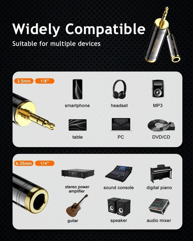 Alt view image 5 of 7 - 1/4 to 3.5 mm Stereo Pure Copper Headphone Adapter 3.5 mm(1/8) Plug Male to 6.35 mm (1/4) Jack Female Stereo Adapter for Headphone Amp Adapter Black 2-Pack