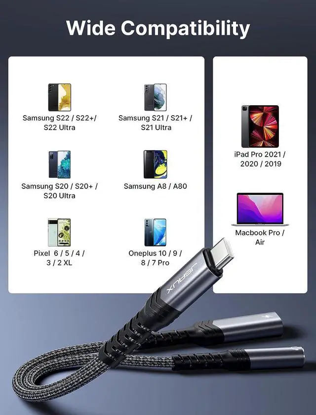 Alt view image 7 of 7 - USB C to 3.5mm Headphone and Charger Adapter 2-in-1 USB Type C to Aux Audio Splitter Jack with PD 60W Fast Charging Compatible with Samsung S22/S21/S20 Note20/10 Pixel 6/5/4 iPad Pro Air -Grey