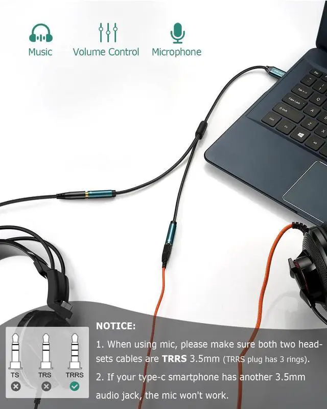 Alt view image 3 of 7 - USB C to Dual 3.5mm Female Headphone Splitter Type C to AUX TRRS 2-in-1 Audio Adapter with Hi-Res DAC Chip for USB-C Smartphone Laptop Pad to Two Headphones Speakers TRRS Microphones