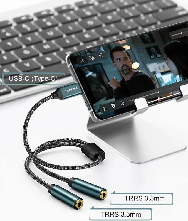 Alt view image 2 of 7 - USB C to Dual 3.5mm Female Headphone Splitter Type C to AUX TRRS 2-in-1 Audio Adapter with Hi-Res DAC Chip for USB-C Smartphone Laptop Pad to Two Headphones Speakers TRRS Microphones