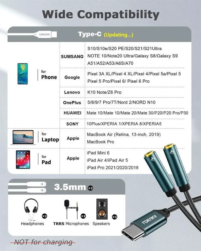 Alt view image 4 of 7 - USB C to Dual 3.5mm Female Headphone Splitter Type C to AUX TRRS 2-in-1 Audio Adapter with Hi-Res DAC Chip for USB-C Smartphone Laptop Pad to Two Headphones Speakers TRRS Microphones