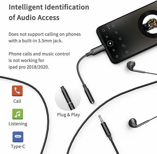 Alt view image 3 of 7 - USB C to 3.5mm Audio Adapter USB C Headphone Adapter USB Type C to Aux Female Headphones Jack Dongle Cable Compatible with Samsung Galaxy S23 S22 S21 S20 Ultra Note 10 20 A53 iPad Pro Air Black