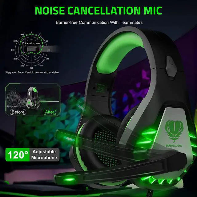 Alt view image 2 of 6 - Pacrate Gaming Headset with Microphone for Switch PC PS4 PS5 Xbox One Noise Cancelling Gaming Headphones with LED Lights for Kids Adults Black Green