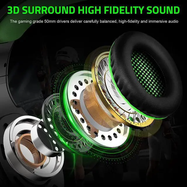 Alt view image 3 of 6 - Pacrate Gaming Headset with Microphone for Switch PC PS4 PS5 Xbox One Noise Cancelling Gaming Headphones with LED Lights for Kids Adults Black Green