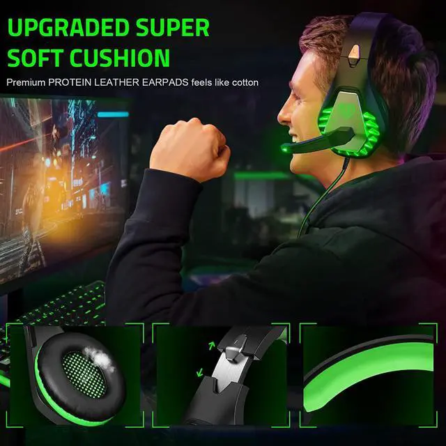 Alt view image 5 of 6 - Pacrate Gaming Headset with Microphone for Switch PC PS4 PS5 Xbox One Noise Cancelling Gaming Headphones with LED Lights for Kids Adults Black Green
