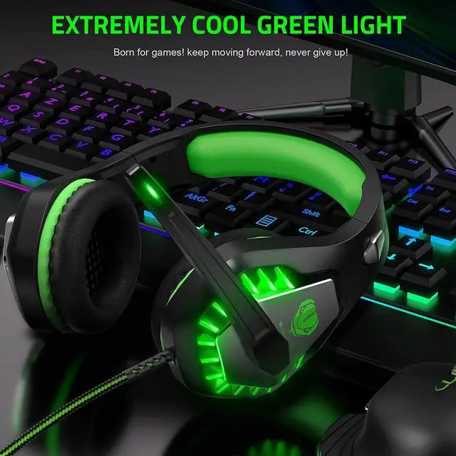 Alt view image 6 of 6 - Pacrate Gaming Headset with Microphone for Switch PC PS4 PS5 Xbox One Noise Cancelling Gaming Headphones with LED Lights for Kids Adults Black Green