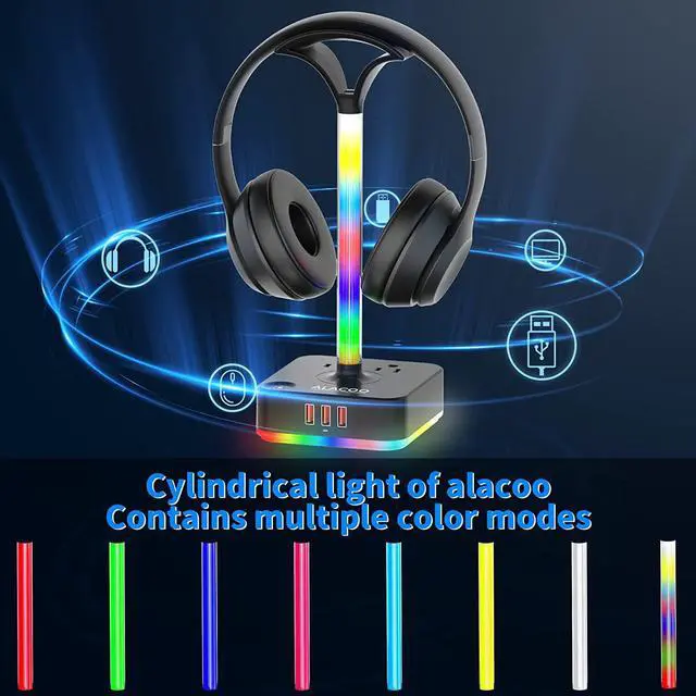 Alt view image 5 of 6 - Headphone Stand RGB with USB Charger Gaming Headset Holder Hanger with 3USB Charging Ports Charging Station and 2 Prong AC Outlet Power Strips 8 RGB Light Modes for Table PC All Earphone Accessories