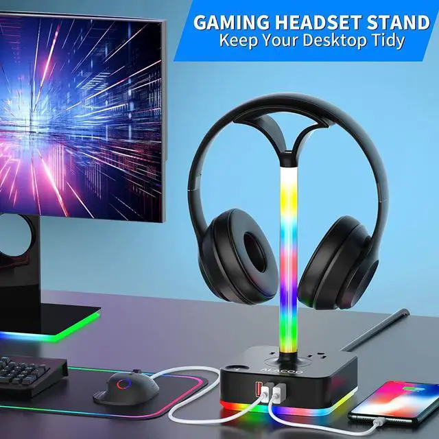 Alt view image 4 of 6 - Headphone Stand RGB with USB Charger Gaming Headset Holder Hanger with 3USB Charging Ports Charging Station and 2 Prong AC Outlet Power Strips 8 RGB Light Modes for Table PC All Earphone Accessories