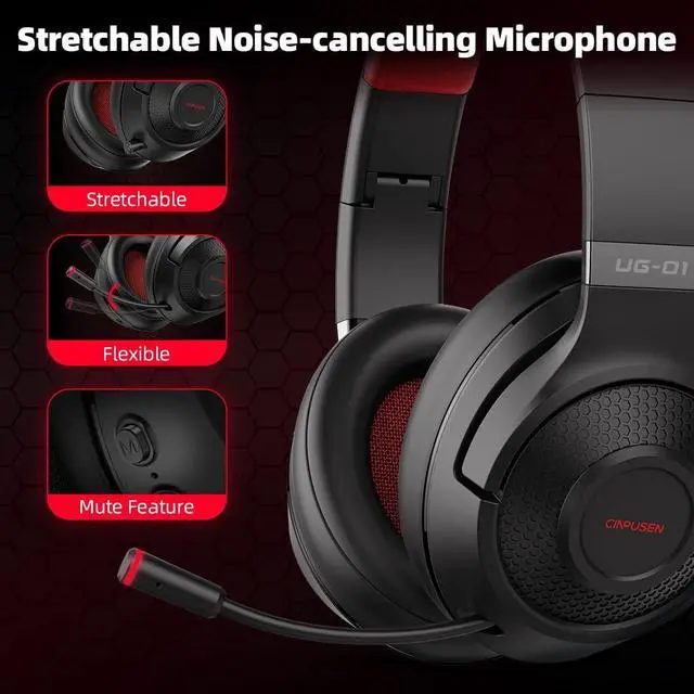 Alt view image 4 of 7 - 2.4Ghz Wireless Gaming Headset for PC PS5 PS4 MacBook with Microphone Over-Ear Bluetooth Gaming Headphones for Cell Phone Soft Earmuff - 40 Hours Playtime Only Wired Mode for Xbox Series Red