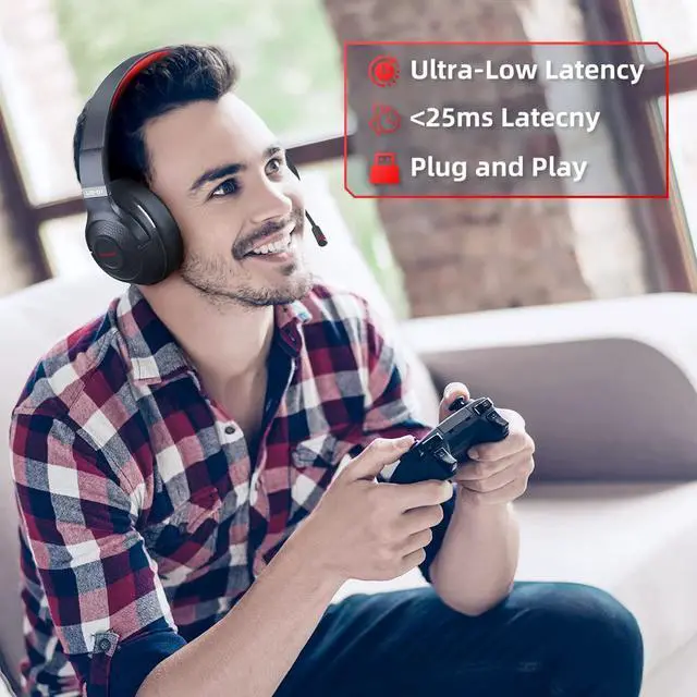 Alt view image 6 of 7 - 2.4Ghz Wireless Gaming Headset for PC PS5 PS4 MacBook with Microphone Over-Ear Bluetooth Gaming Headphones for Cell Phone Soft Earmuff - 40 Hours Playtime Only Wired Mode for Xbox Series Red