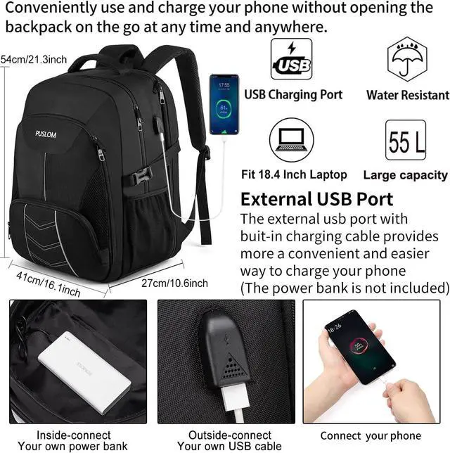 Alt view image 2 of 6 - Extra Large Backpack for Men 55L,18.4Inch Travel Laptop Backpack with USB Charging Port Business Flight Approved Carry On Backpack,TSA Big Capacity Heavy Duty Computer Bag College Bookbag,Black