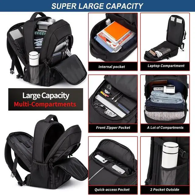 Alt view image 3 of 6 - Extra Large Backpack for Men 55L,18.4Inch Travel Laptop Backpack with USB Charging Port Business Flight Approved Carry On Backpack,TSA Big Capacity Heavy Duty Computer Bag College Bookbag,Black
