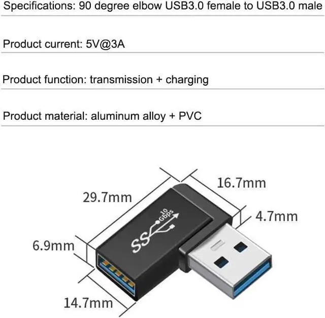 Alt view image 5 of 5 - 90 Degree Right Angle USB 3.0 Male to Female Expansion Adapter for Connecting Mobile Hard Disk U Disk Wireless Network Card Camera Mouse Keyboard etc. - Black 2pack