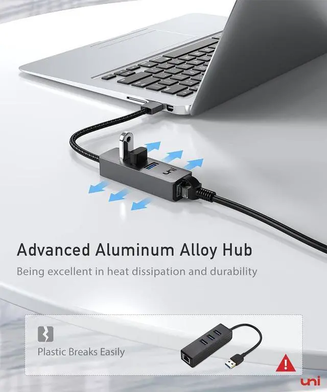 Alt view image 5 of 7 - uni USB 3.0 to Ethernet Adapter Gigabit, High-Speed USB Hub with Ethernet, Sturdy Aluminum 4-in-1 USB-A to LAN Network RJ45 Port, Compatible with iMac, PC, Chromebook Laptops, and More