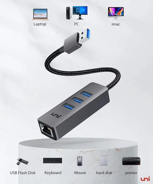 Alt view image 6 of 7 - uni USB 3.0 to Ethernet Adapter Gigabit, High-Speed USB Hub with Ethernet, Sturdy Aluminum 4-in-1 USB-A to LAN Network RJ45 Port, Compatible with iMac, PC, Chromebook Laptops, and More