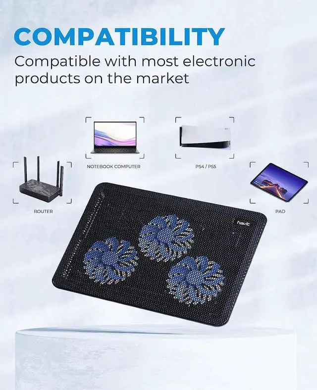 Alt view image 3 of 7 - havit HV-F2056 15.6"-17" Laptop Cooler Cooling Pad - Slim Portable USB Powered (3 Fans), Black/Blue