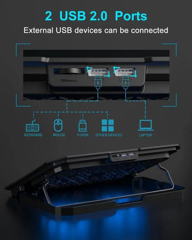 Alt view image 4 of 7 - KeiBn Laptop Cooling Pad, Gaming Laptop Cooler 2 Fans for 10-15.6 Inch Laptops, 5 Height Stands, 2 USB Ports (S039)