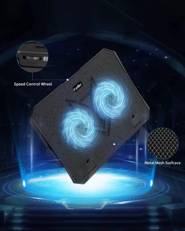 Alt view image 7 of 7 - KeiBn Laptop Cooling Pad, Gaming Laptop Cooler 2 Fans for 10-15.6 Inch Laptops, 5 Height Stands, 2 USB Ports (S039)