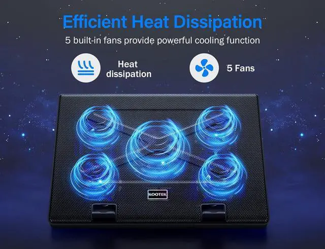 Alt view image 2 of 7 - Kootek Laptop Cooling Pad, Laptop Cooler with 5 Quiet Fans for 12"-17" Computer PC Notebook Gaming Laptop Fan, Height Adjustable Laptop Cooling Stand Laptop Accessories, Blue