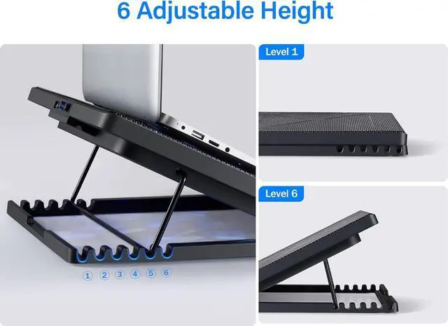 Alt view image 3 of 7 - Kootek Laptop Cooling Pad, Laptop Cooler with 5 Quiet Fans for 12"-17" Computer PC Notebook Gaming Laptop Fan, Height Adjustable Laptop Cooling Stand Laptop Accessories, Blue